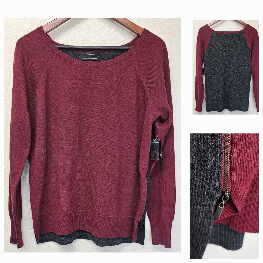 Tahari Women's Sz L 100% Merino Wool Maroon Burgundy Gray Zip Pullover Sweater